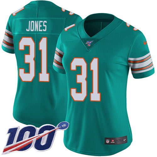 Nike Miami Dolphins 31 Byron Jones Aqua Green Alternate Women Stitched NFL 100th Season Vapor Untouchable Limited Jersey